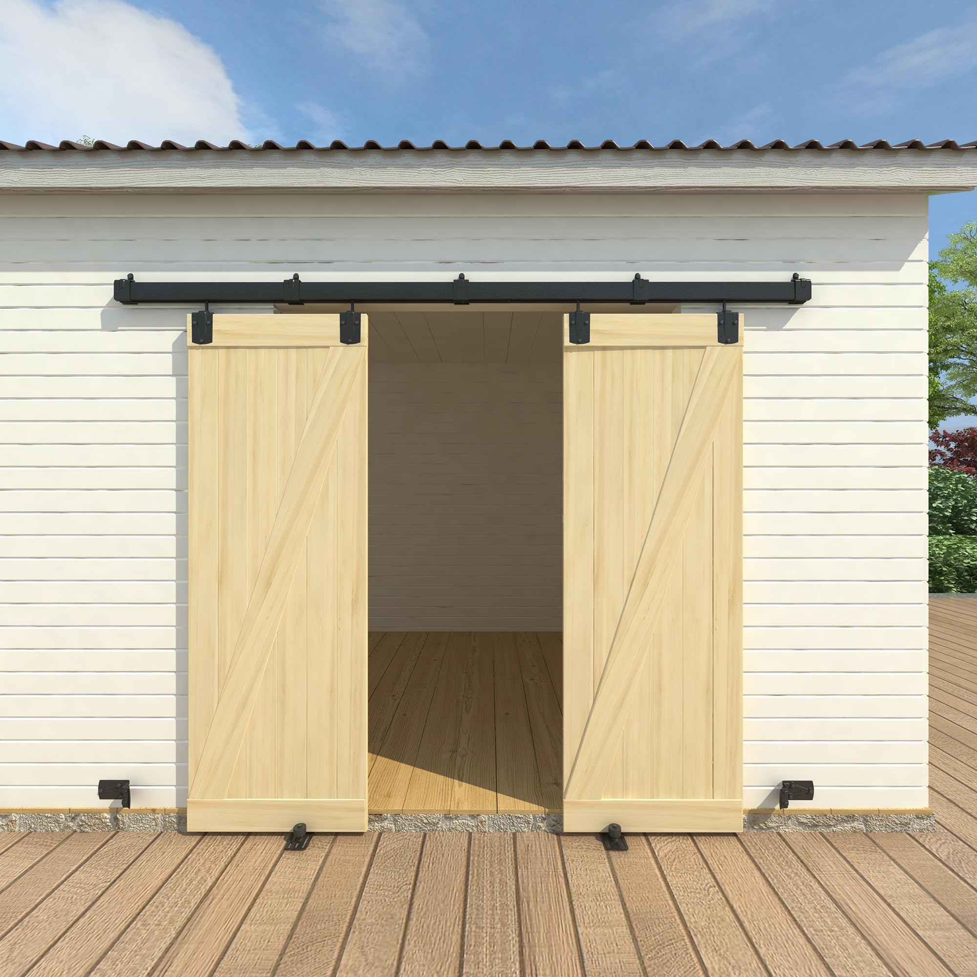 Photo 1 of ***FACTORY SEALED***SongYung 8FT Black Box Rail Exterior Barn Door Hardware Kit for 2 Doors, Sliding Heavy Duty Barn Door Track, Wall Mount Barn Door Hardware with 5 Track Brackets(Doors NOT Include)