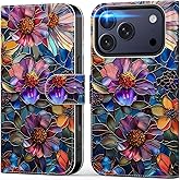 DEENAKIN for iPhone 17 Pro Wallet Case with Card Holder + Cash Clip, RFID-Blocking, Military-Grade Protection & UV-Printed Artwork, Magnetic Closure with Leather Kickstand - Vibrant Defined Blossoms