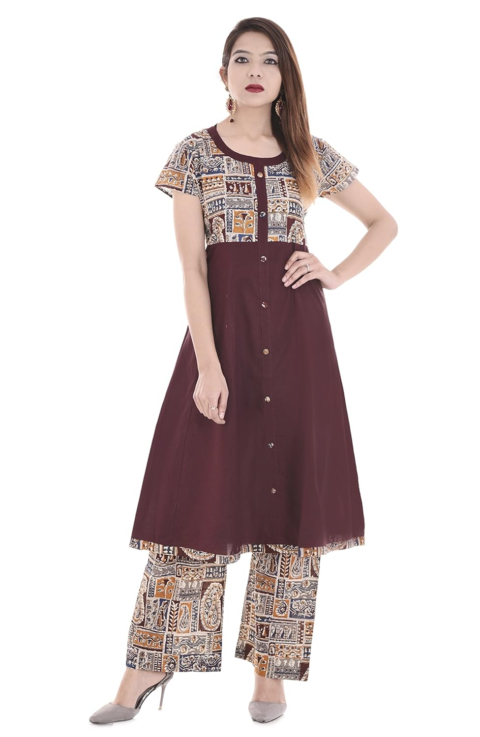 palakh women's cotton dark brown a-line block printed kurti with printed palazzo