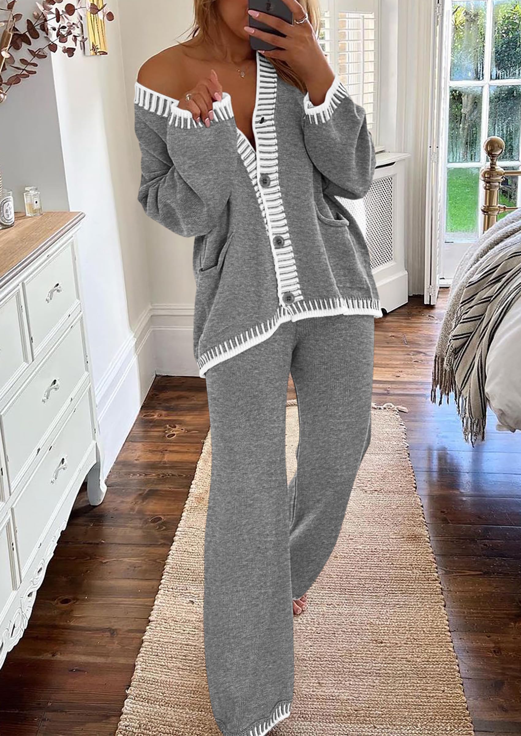 PRETTYGARDEN Women's 2 Piece Outfits Knit Matching Lounge Sets Long Sleeve V Neck Cardigan Sweaters Wide Leg Pants Tracksuits (Grey,Large) - Image 9