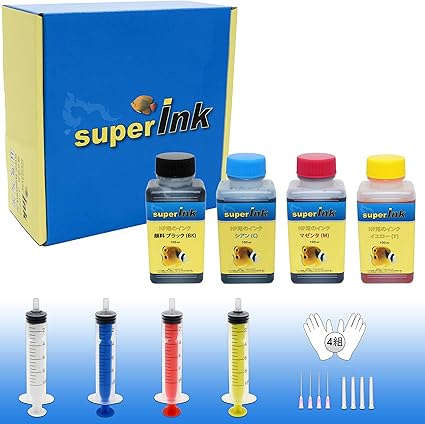 Amazon S スモール キット Hp用 顔料 染料 詰め替え 互換インク 全機種対応 Superink 4色セット 100ml 1本 顔料ブラック 100ml 3本 シアン マゼンタ イエロー 4セット 手袋1組 10ml注入器 針 キャップ Super Ink