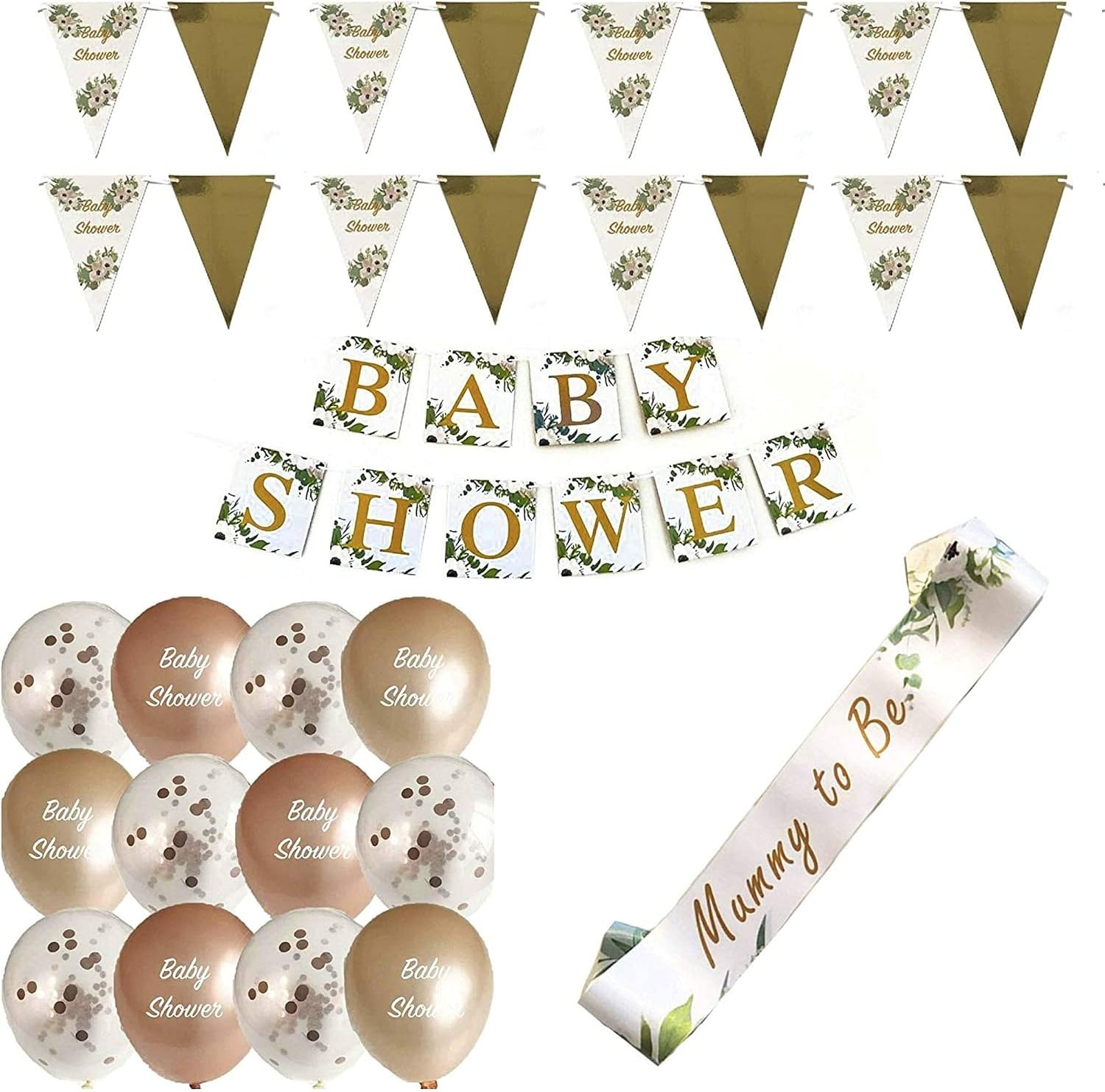 Baby Shower Unisex 24pcs Decoration Bundle Sage Green Gold, Neutral Gender Reveal Banner Garland, Bunting, Confetti