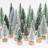 30 Pcs Mini Christmas Trees Bottle Brush Trees, Miniature Pine Christmas Tree Tabletop Mini Snow Frost Trees with Wooden Base