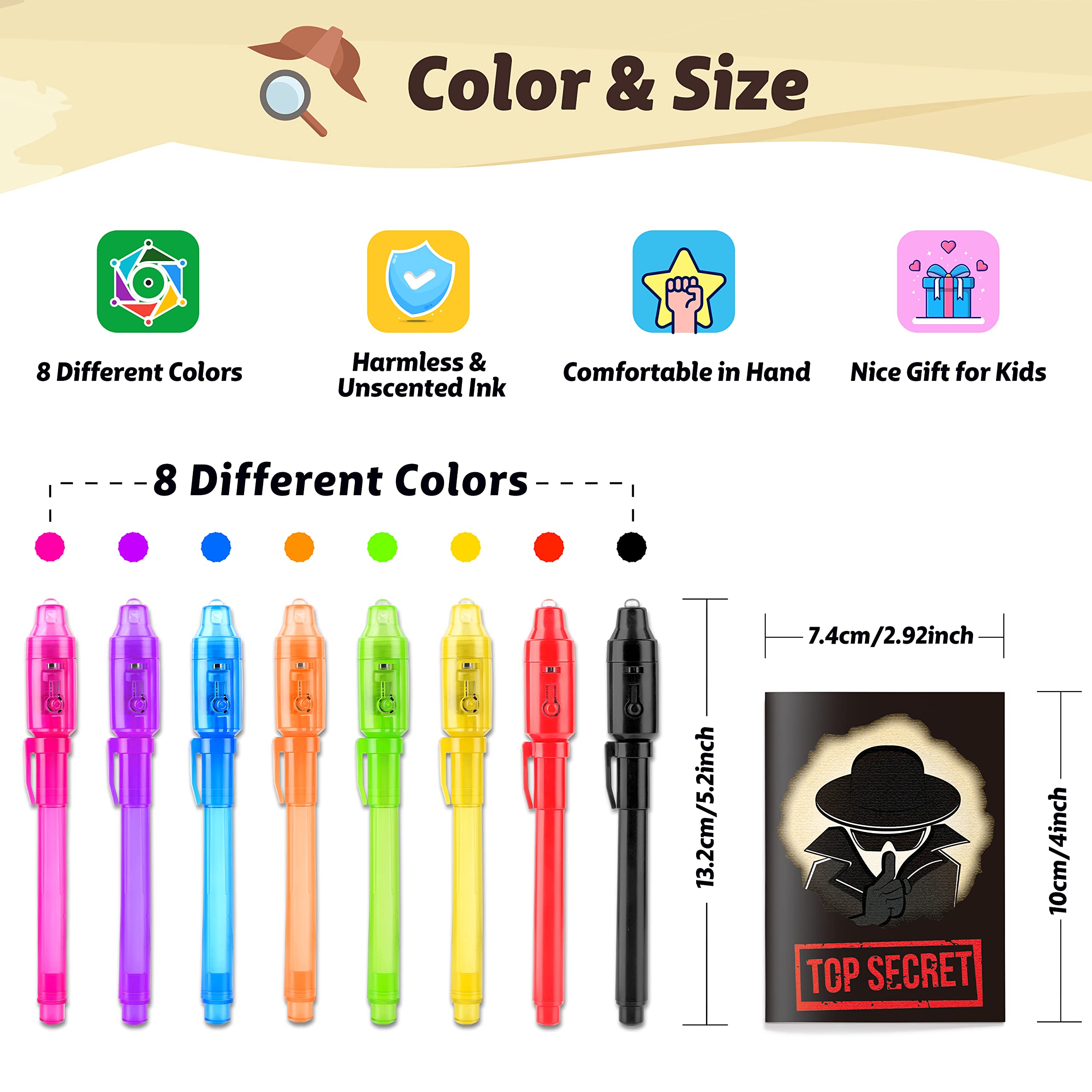 GIFTINBOX Invisible Ink Pens with UV light for Kids, Spy Pen Party Favors for Kids 8-12, 24Pack Invisible Ink Pen and Notebook, Magic Marker for Secret Message Birthday Party Favors for Kid 4-8