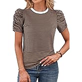 LilyCoco Striped Shirt Women Casual Summer Short Puff Sleeve Crew Neck Fitted Top