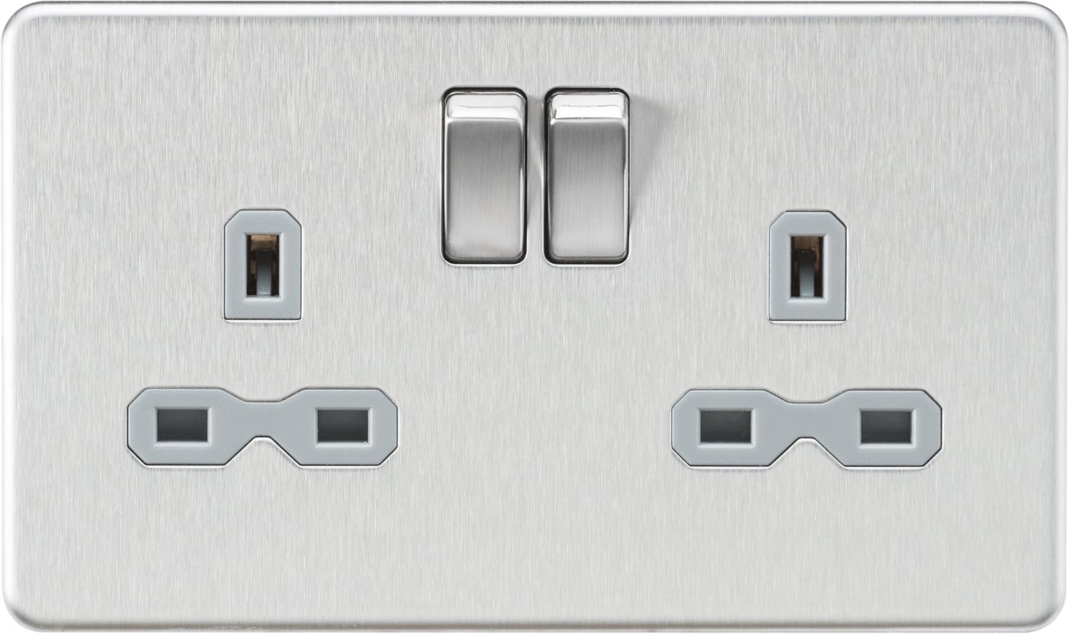 Knightsbridge SFR9000BCG Screwless Double Socket, 230 V, Brushed Chrome, (Pack of 1), Brushed Chrome / Grey, Socket - Double