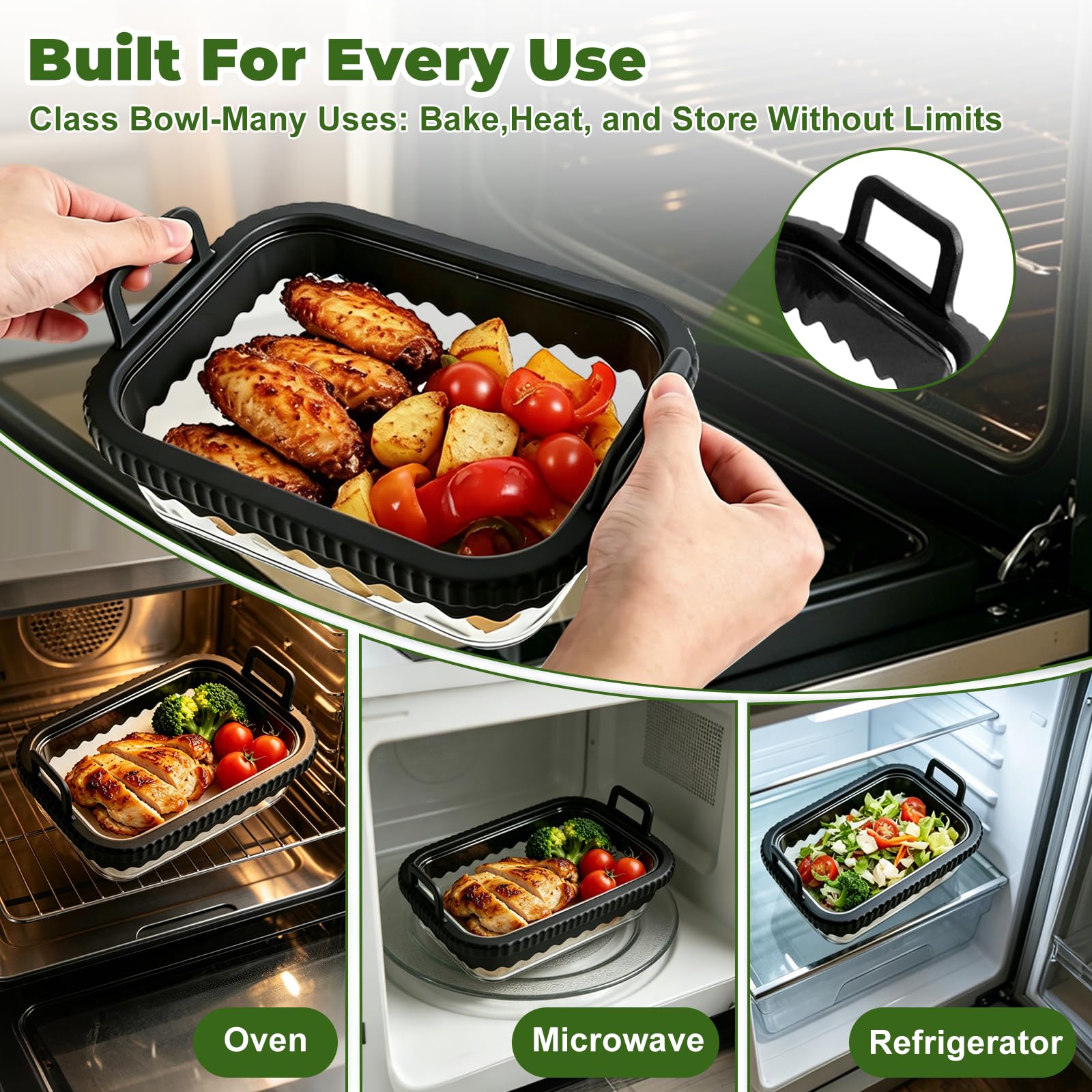 Glas Auflaufform für Airfryer, 2 Stück Auflaufform Airfryer mit Deckel & Silikongriffen, Universelles Heißluftfritteusen Zubehör für Cosori, Ninja, Philips, Herausnehmbarer, BPA-frei 7