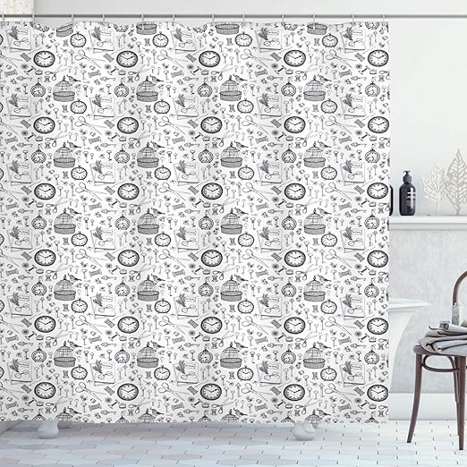 Amazon Com Lunarable Birdcage Shower Curtain Hand Drawn Vintage Elements Birds Keys Clocks And Cages Ornamental Sketch Cloth Fabric Bathroom Decor Set With Hooks 84 Long Extra Black And White Home Kitchen
