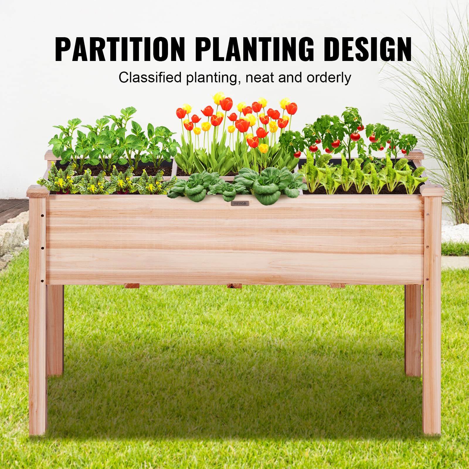 Condition photo showing New/Like New for vevor raised garden bed, wooden planter box, outdoor planting boxes with legs, for growing flowers/v