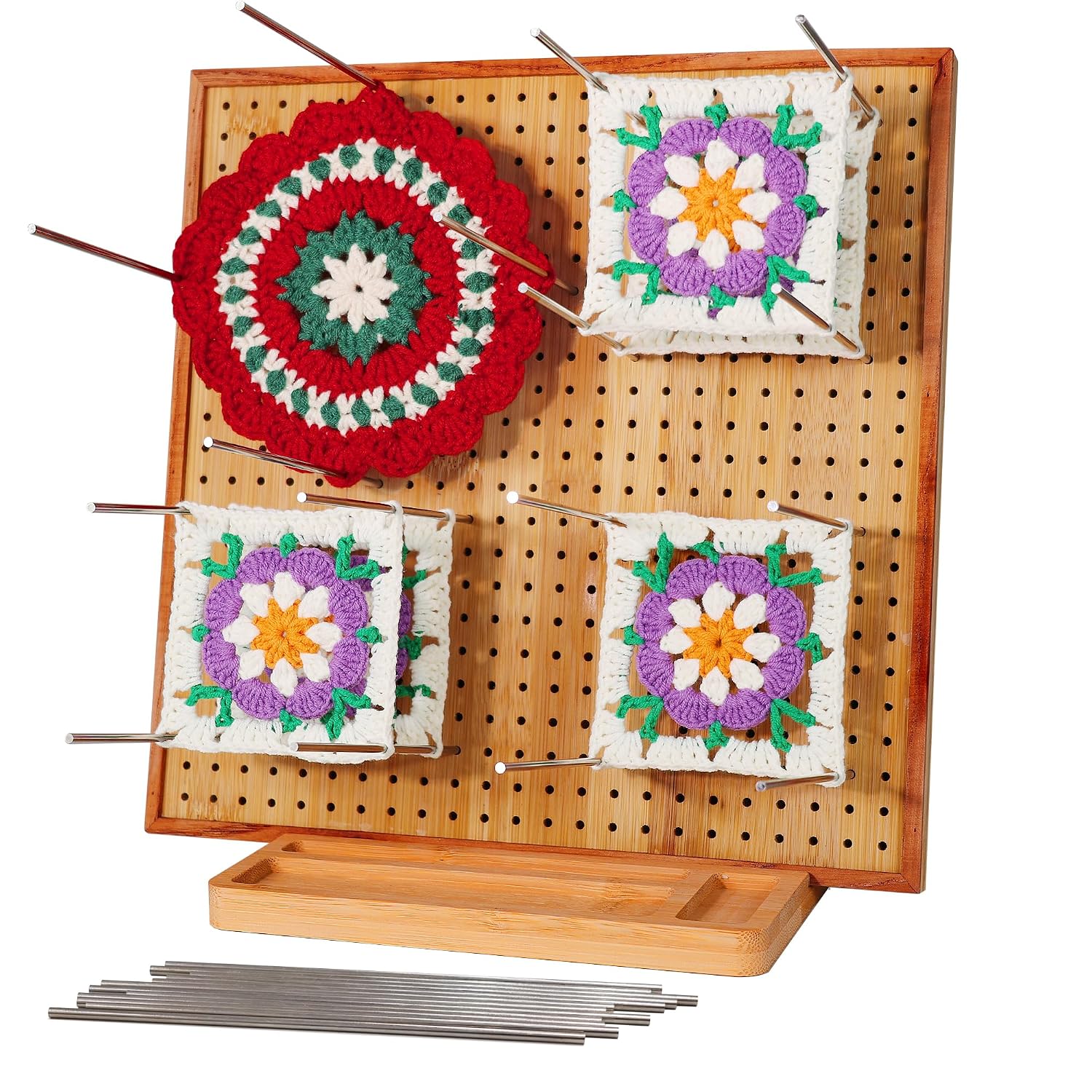 HHSarioneiro 11.8" Crochet Blocking Board with 16 Pins/Pegs, Granny Square Blocking Boards for Crochet Projects, Wooden Croch