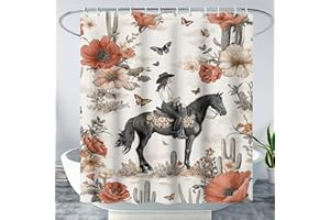 AILONEN Western Cowgirl Shower Curtain,Beautiful Flowers & Cactus Bathroom Curtains for Girls Women,3D Floral Horse Printed Waterproof Bath Curtain + Plastic Hooks, 72" W x 72" H