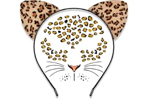 U-ZOMIR Cheetah Ears Headband with Temporary Tattoos, Leopard Ears Headband & Leopard Face Stickers Tattoos Cheetah Costume for Adult Women, Halloween Animal Ears Headband Cat Ears Costume Accessories