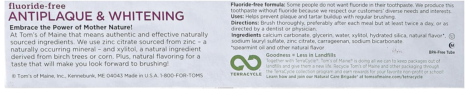 Tom's of Maine Natural Antiplaque and Whitening Fluoride Free Toothpaste, Spearmint, 5.5 Ounce, 155.9 g (Pack of 1) - Image 3