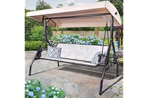 ZZW 3 Person Patio Swing Outdoor Swing for Adults with Adjustable Canopy &Upgraded Cup Holders Textilene Fabric Porch Swing Chair with Stand Heavy Duty 800 LBS