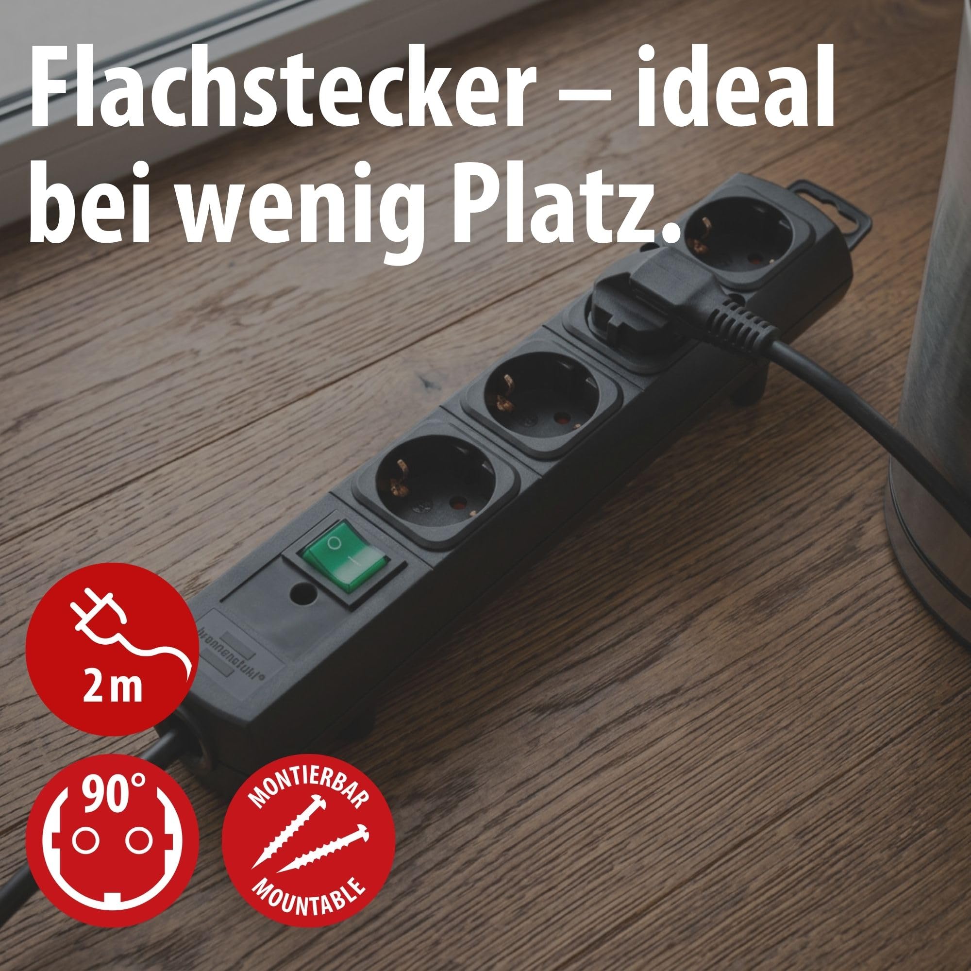 Brennenstuhl Comfort-Line Plus Steckdosenleiste 4-Fach (Mehrfachsteckdose mit Flachstecker, Schalter, 2m Kabel und extra breite Abstände der Steckdosen) schwarz 2