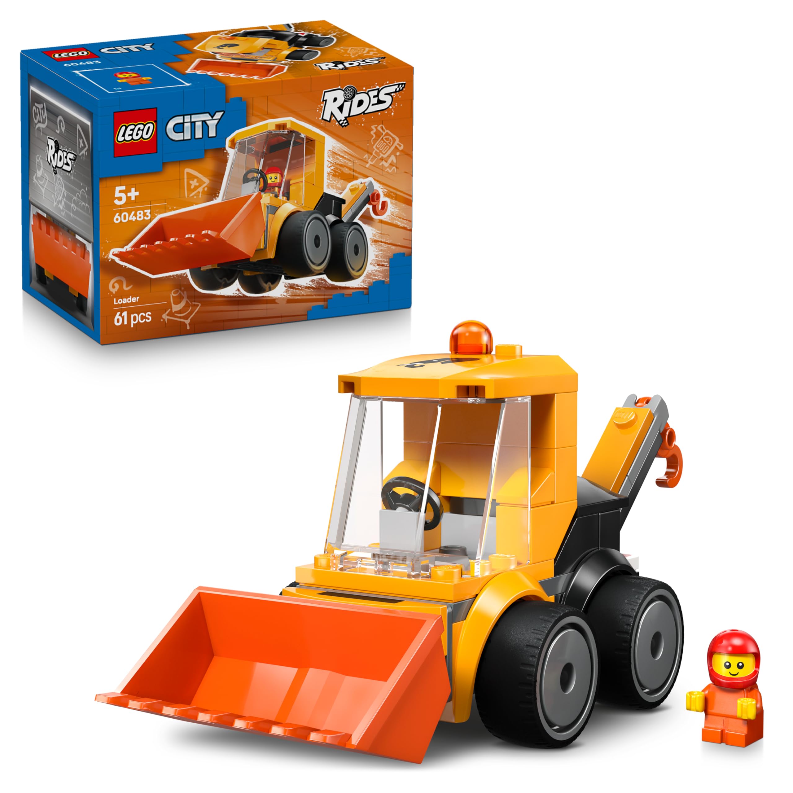 LEGO City Coole Flitzer - Radlader Baggerlader Spielzeug - Set für Baufahrzeuge mit Junior Bauarbeiter Minifigur - Mitgebsel für Partys - Kleines Geschenk zum Sammeln für Jungen ab 5 Jahren - 60483