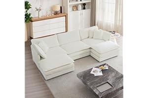 mikibama Modular Sectional Sofa, 111.5 Inch U Shaped Couch Set for Living Room, 3-Seater Comfy Cloud Couches with Movable Ottoman, DIY Combination, Chenille, Beige