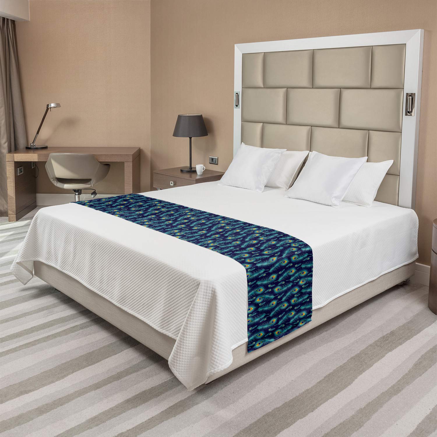 Navy Blue Orange Decorative Accent Bedding Scarf For Hotels Homes And Guestrooms Ambesonne Peacock Bed Runner Graphic Peacock Bird Feathers Background Designed Image Home Kitchen Bedding Een Twee Nl