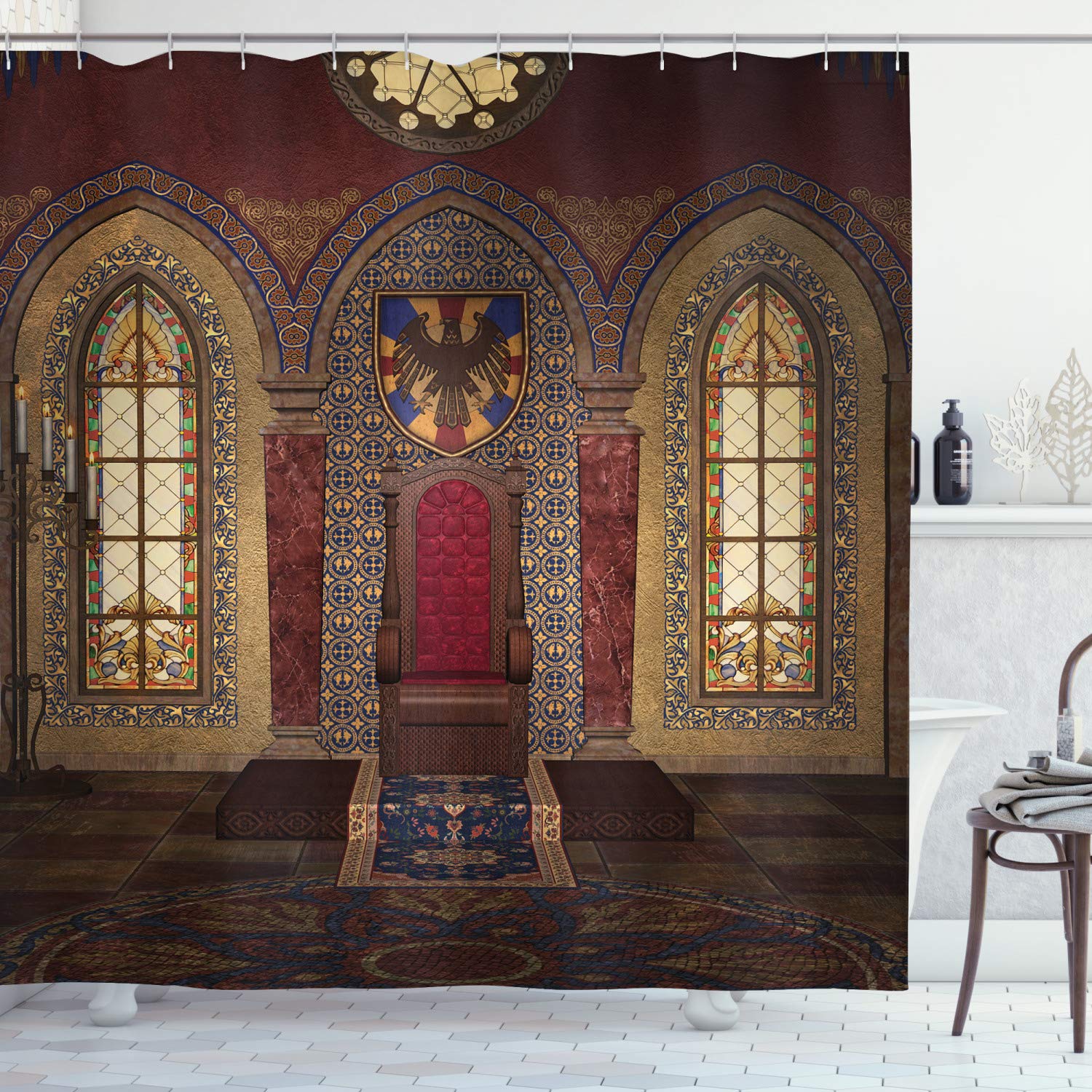 ABAKUHAUS Gothic Shower Curtain, Red Medieval in Chapel Eagle Portrait on Wall Fantasy Building Print, Cloth Fabric Bathroom Decor Set with Hooks, 70 Inches, Brown Ruby