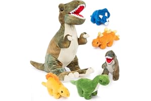 PREXTEX Dinosaur Stuffed Animal Set - Mommy T-Rex with 5 Plush Baby Dinosaurs Inside - Soft Dinosaurs Plush Toys for Kids 3 and Up - Portable Dinosaur Pillow Gift for Boys and Girls - Zipper Storage