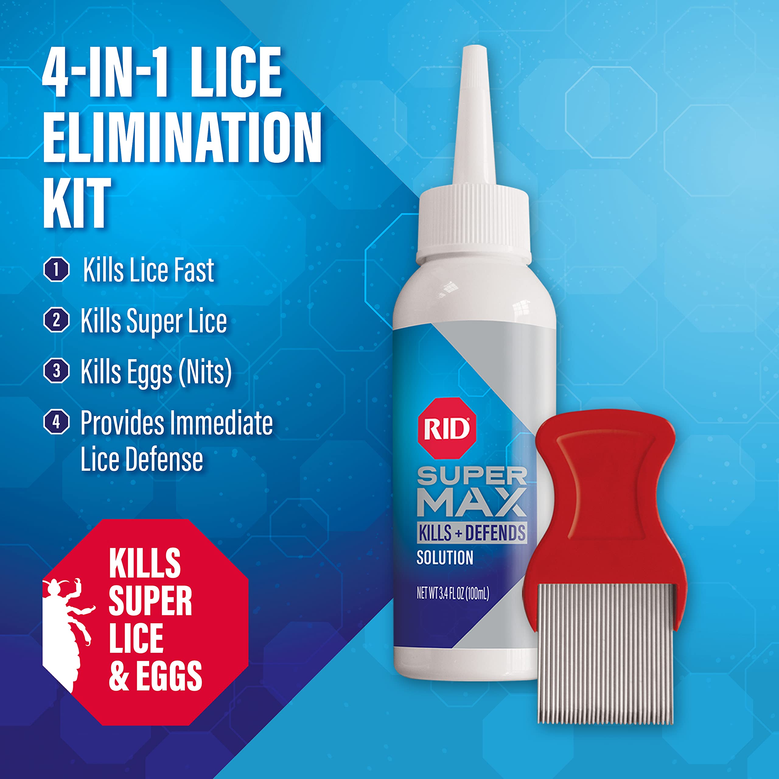 RID Super Max 4-in-1 Lice Removal Treatment Kit, Kills Super Lice & Eggs + Immediate Lice Defense, Pesticide-Free, Includes Nit Removal Comb