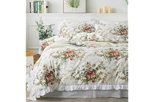 FADFAY Floral Duvet Cover Set King/Cal King（102×96 inches） 100% Cotton Ruffle Vintage Rose Comforter Cover Set, Red Teal Flower Printed Off White Girls Shabby Bed Covers,Soft and Breathable, 3Pcs