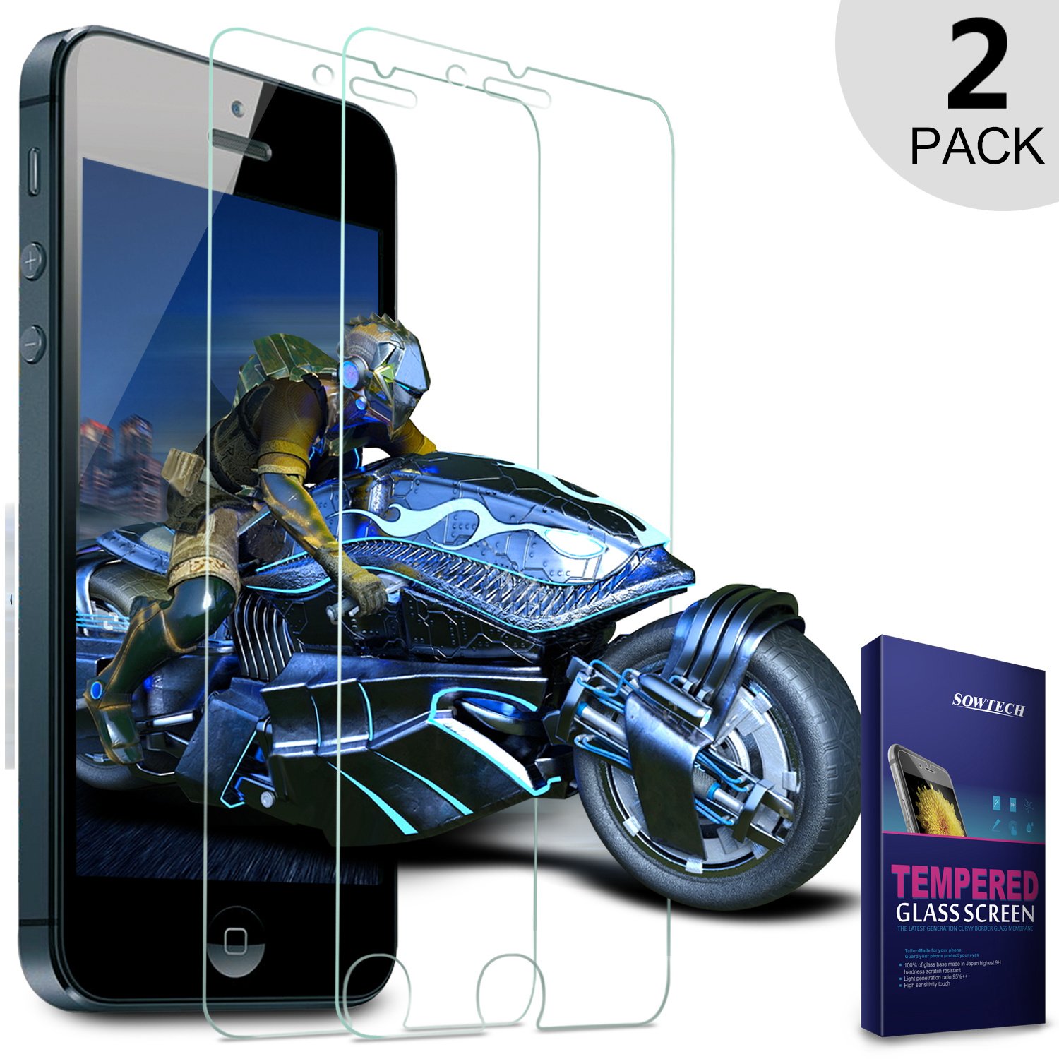 Ultra Clear 9H iPhone 5C 5 5S SE Screen Protector SOWTECH HD 2 Packs Premium Tempered Glass Vandal Scratch Proof 0.33MM Slim Protective Film Case Classical Screen Cover Anti Bubble ETI - Clear