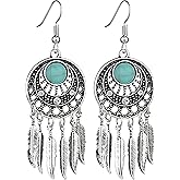 Blue Turquoise Dream Catcher Feather Earrings for Women Vintage Bohemian Western Jewelry