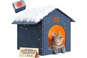 Fecuria Insulated Outdoor Cat House Weatherproof, Winter Cat Houses for Outdoor Cats with Heated-Foil, Waterproof Feral Stray Cat Shelter with Door Curtain and Warm Mat, Easy to Assemble, Navy Blue
