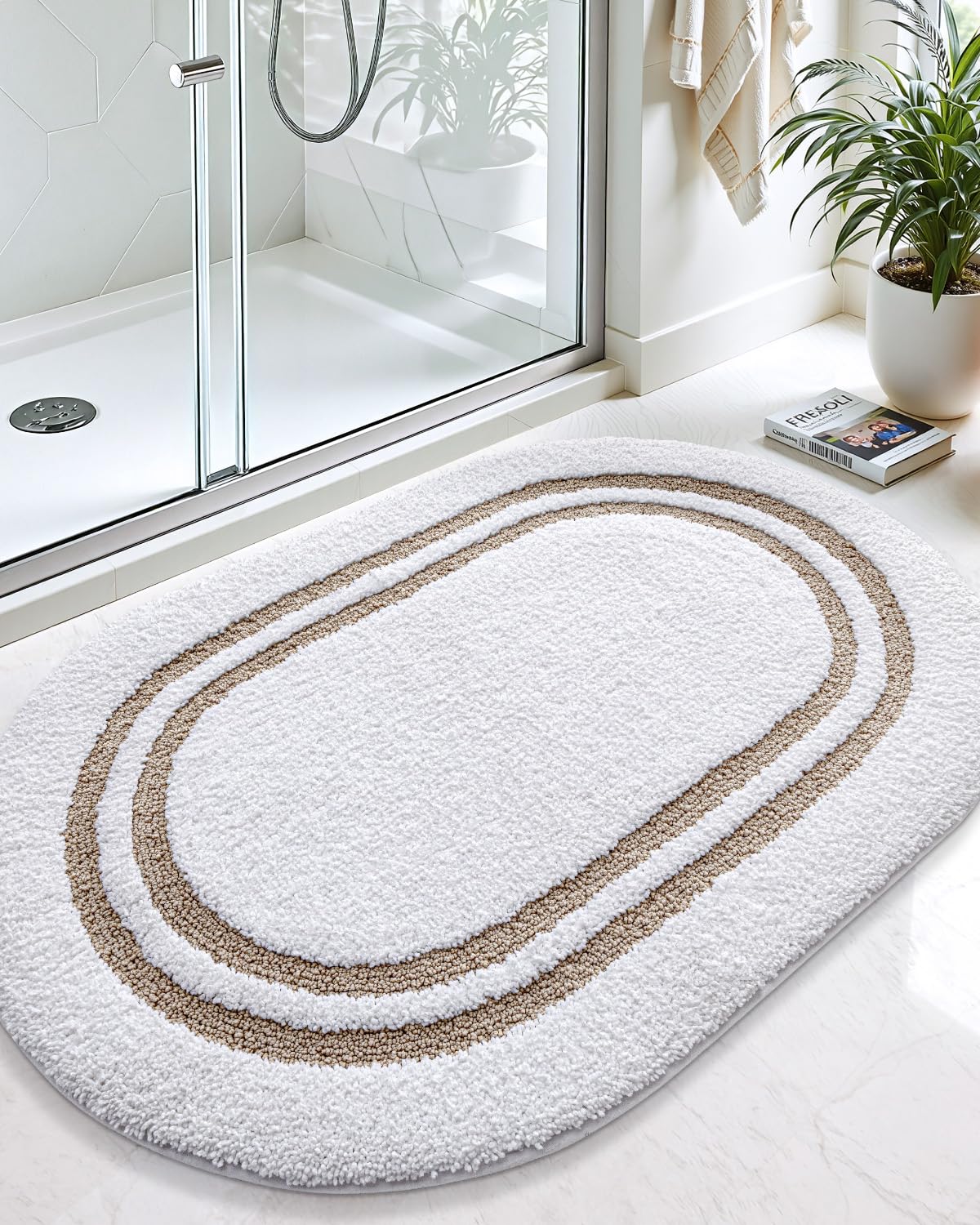 Photo 1 of DEXI Oval Bath Mats for Bathroom, 24x36 Absorbent Bath Mat, Washable Microfiber Bathroom Rug with Non Slip Backing for Shower Floor, Beige