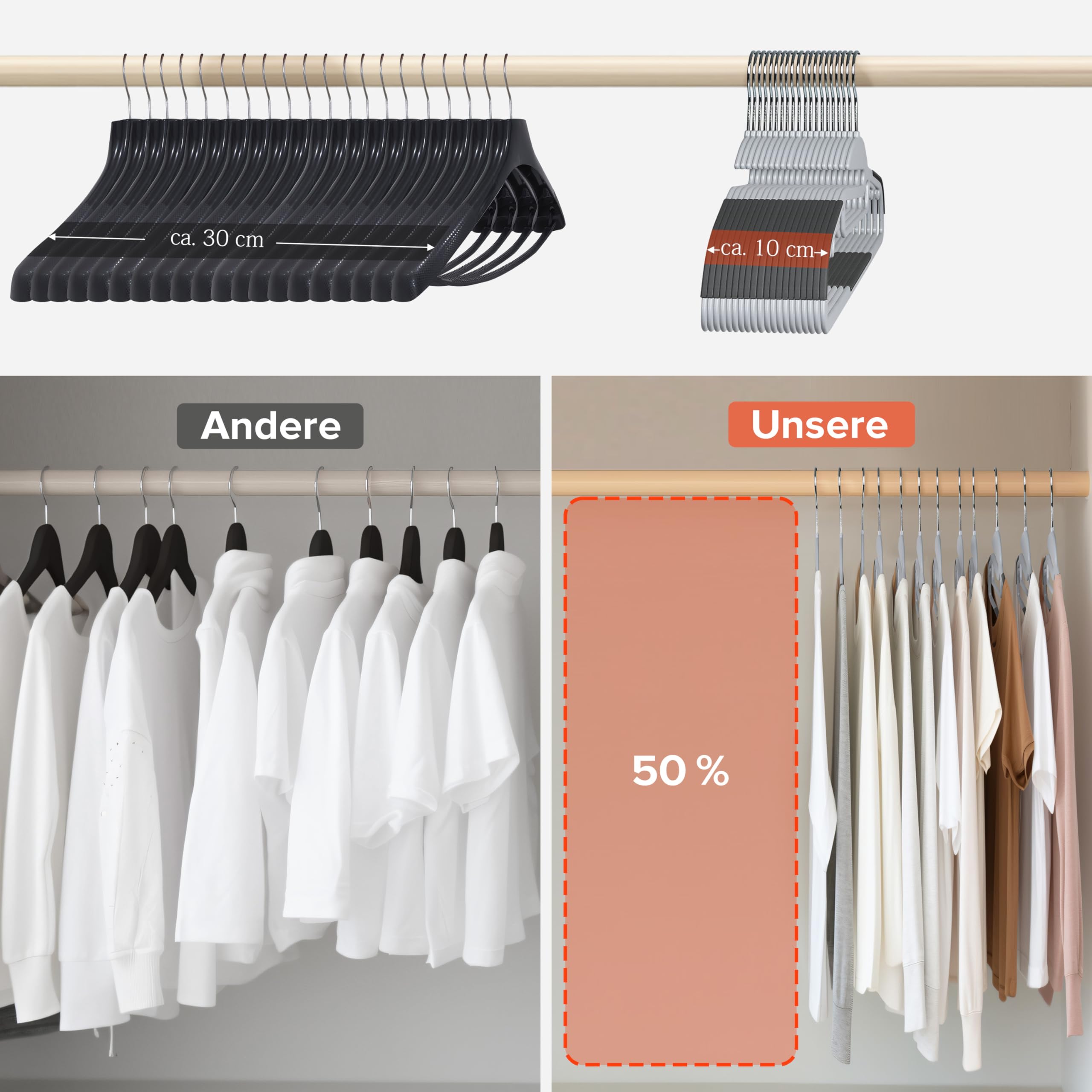 Ribelli Kleiderbügel Kunststoff 20 Stück, Rutschfester Kunststoffbügel, 0,5 cm dick Bügel Platzsparend mit um 360° Drehbarem Haken, Kleiderbügel mit Krawattenhalter für Mäntel, Hosen, Tanktops, 500798 6