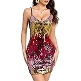 SUQQUE Women's Glitter Sequin Dress Adjustable Spaghetti Strap Fashion Sparkle Party Dresses