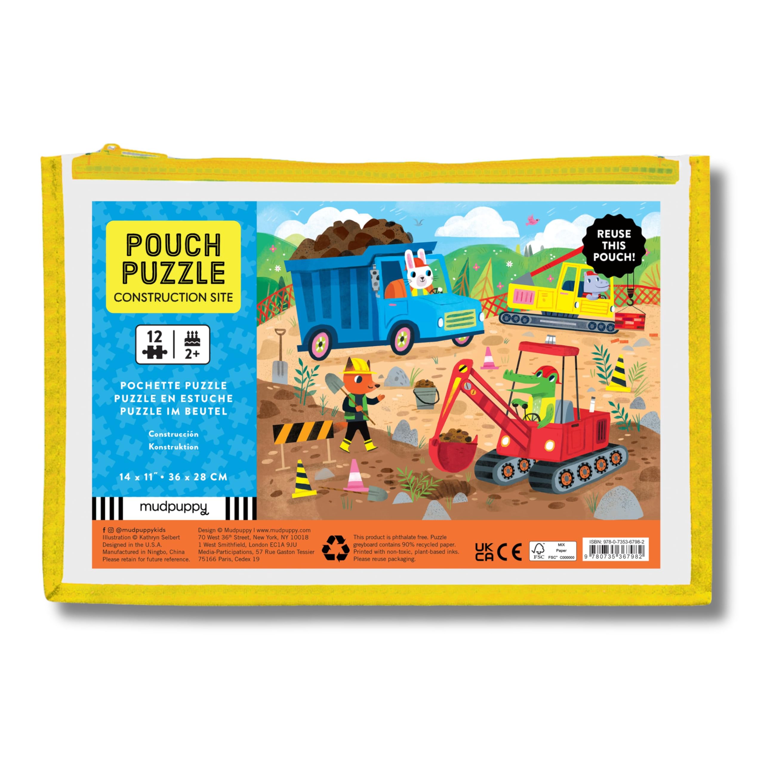 Mudpuppy Construction Site – 12 Piece Puzzle with Reusable Zipper Pouch Featuring Colorful and Fun Illustrations of Vehicles and Animals Workers Perfect for Easy Storage and Travel