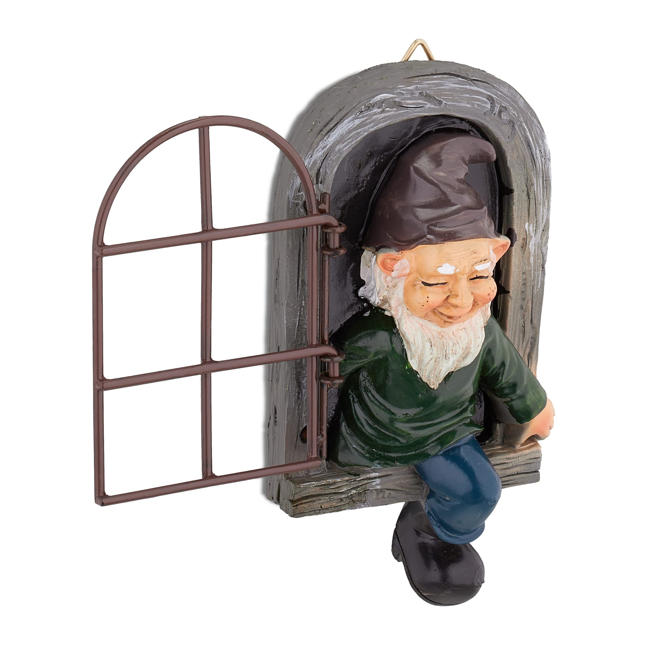 Relaxdays Garden Gnome with Window, Weatherproof, Tree Decor, 15 x 8 cm, Hanging Figurine, Polyresin, Multicoloured