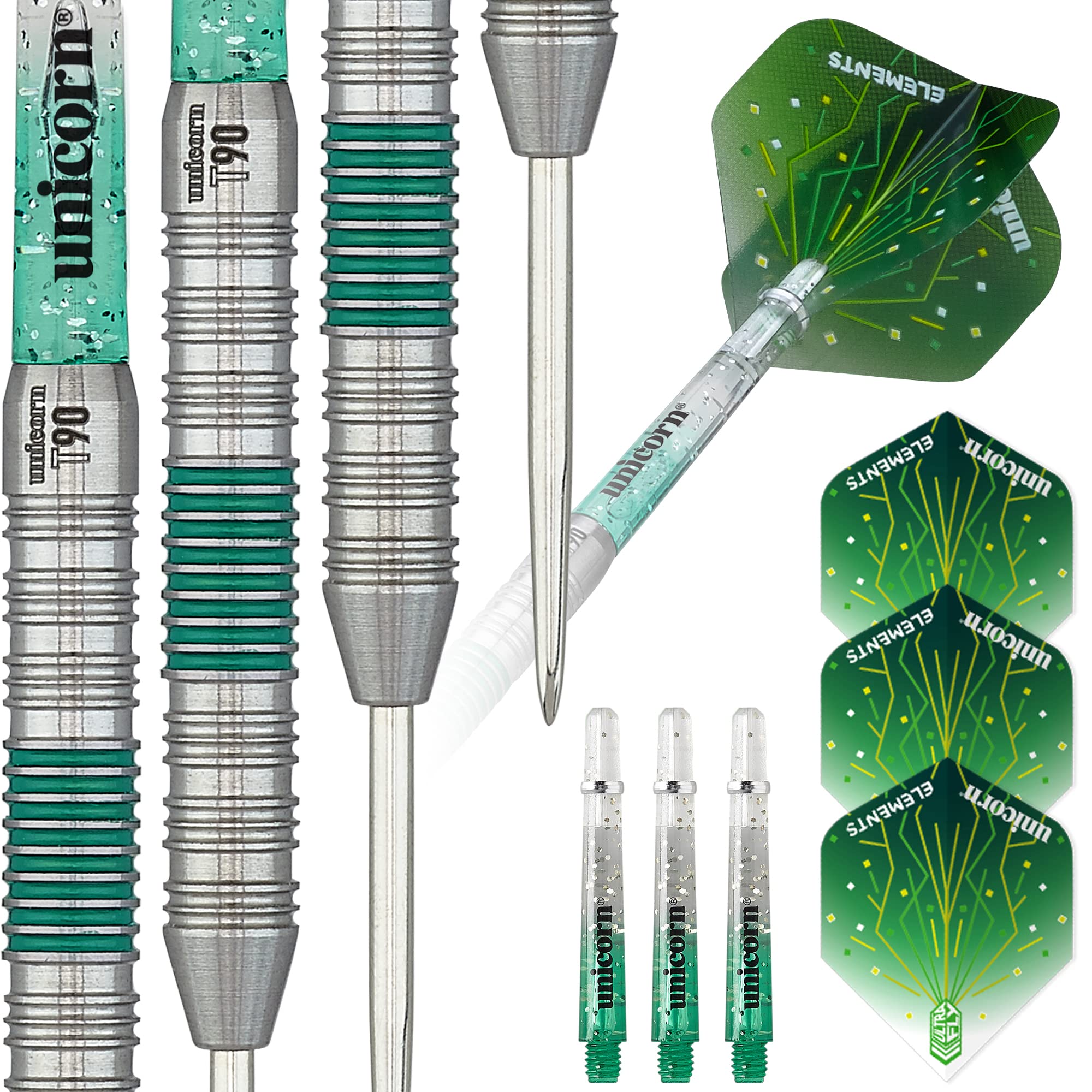 Unicorn Steel Tip Professional Darts Set | Core T90 Series Style 2 | 90% Tungsten Barrels with Green Accents | 20 g