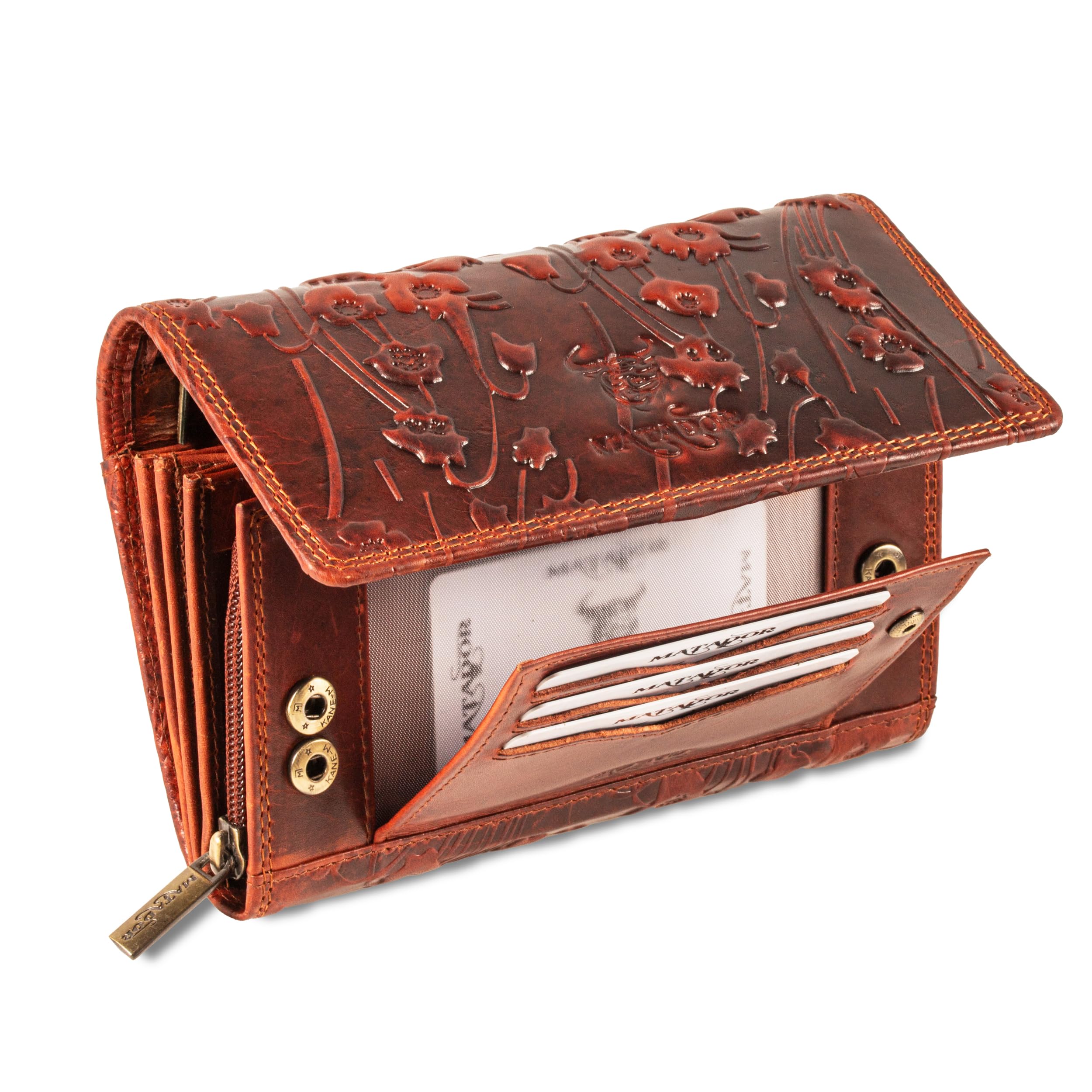 MATADOR Women's Large Leather Purse #PRAG with Elegant Gift Packaging, Luxury RFID Purse Women's Large Purse Women Many Compartments Elegant Wallet Leather Long, Brown flowers, 18x10x5 CM, Classic