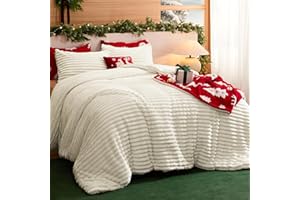 Bedsure Fluffy Comforter Set Queen - Super Soft Faux Fur Bed Set Cream White, Warm Plush Fleece Winter Bedding, 3 Pieces, 1 Shaggy Fuzzy All Seasons Queen Size Comforter with 2 Pillowcases