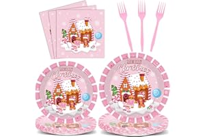 OBUSATT 96Pcs Christmas Gingerbread Paper Plates and Napkin Christmas Party Supplies Pink Gingerbread House Tableware Dinnerware Set for Xmas Winter Holiday Seasonal Table Party Decoration Serve 24