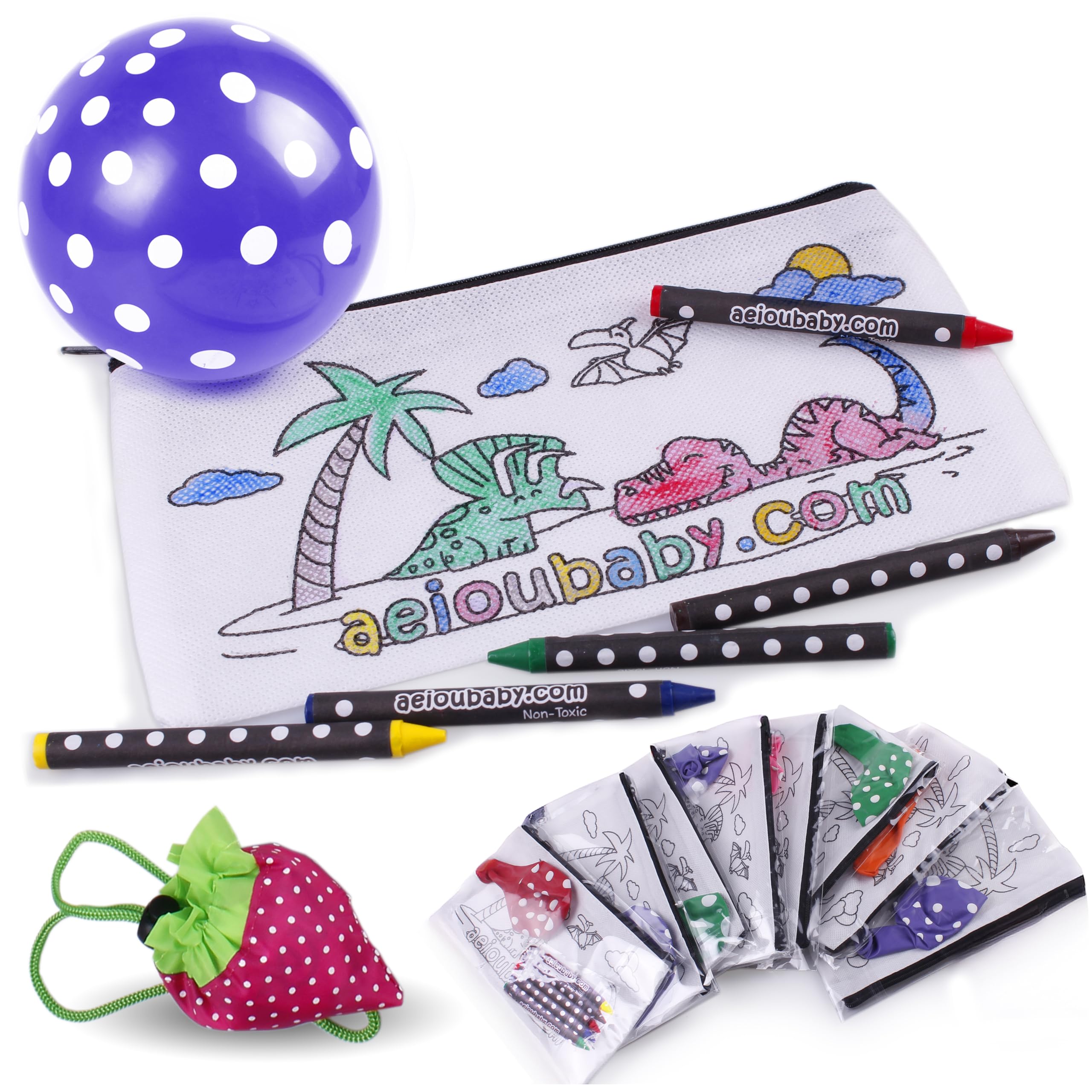 aeioubaby.com 25 Pencil Cases Color Your Own + Reusable Bag | 25 Individual Bags, 5 Coloured Crayons and Balloon | Children's Gift for Parties and Birthdays (Dinosaur) — image 1