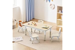 CuFun Kids Table and 4 Chairs Set, Children Study Desk, Dining Table, Height Adjustable Plastic Desk Painting Desktop Toddler Furniture for Boys and Girls (Burlywood-Wood Grain)