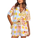 PRETTYGARDEN 2 Piece Sets for Women Summer Clothes 2026 Printed Button Down Shirts Tops Lounge Shorts Beach Vacation Outfits