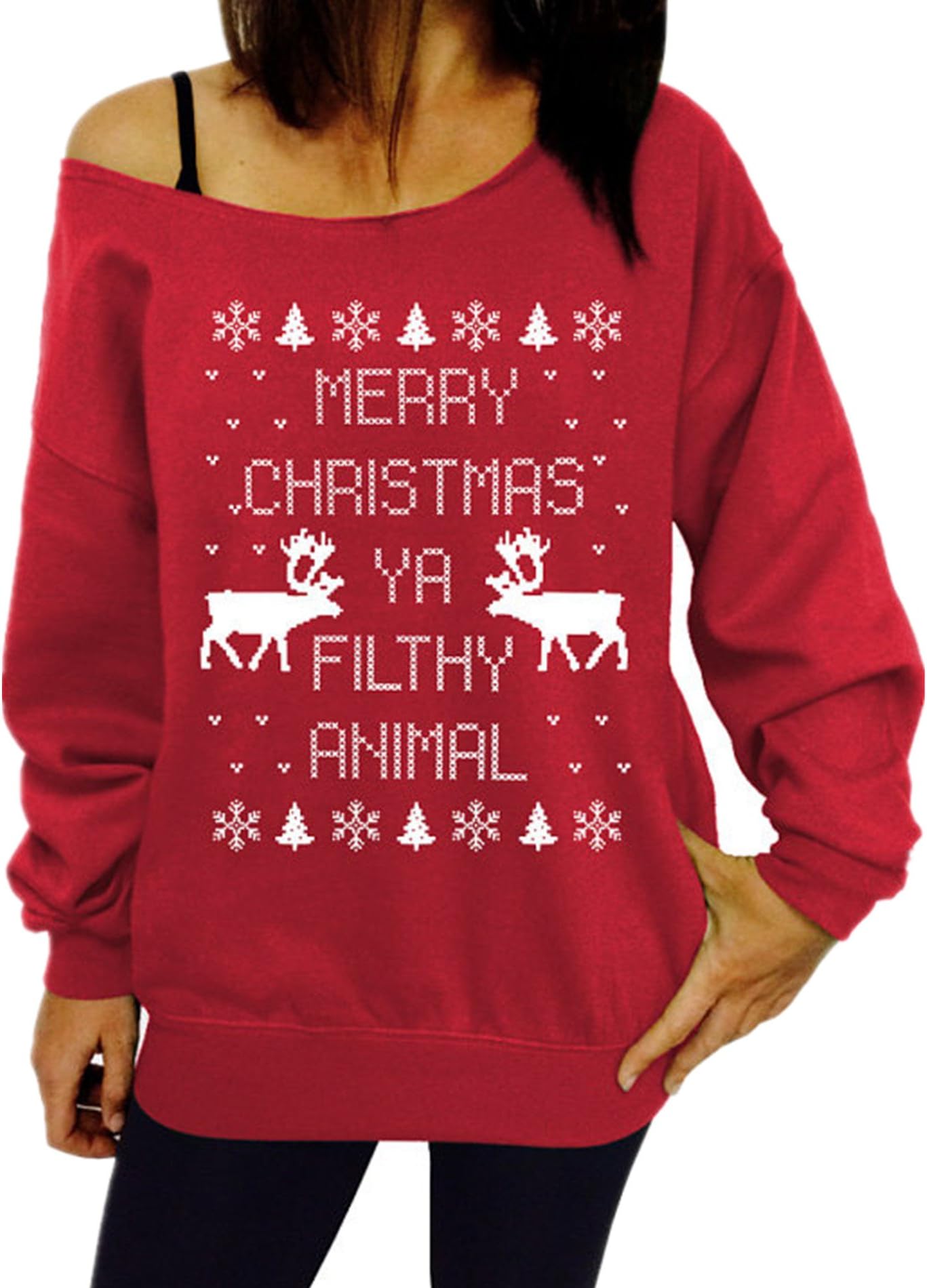 Yiluweinir Womens Long Sleeve Off-Shoulder Ugly Christmas Sweater Print Reindeer Xmas Pullovers Blouses US L Red