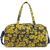 Vera Bradley Women's Cotton Collegiate Large Travel Duffle Bag (Multiple Teams Available), West Virginia University Navy/Gold Rain Garden - Recycled Cotton, One Size