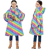 Solaris Rainbow Wearable Blanket Hoodie for Kids - Warm Soft Gift, Oversized Cozy Sherpa Fleece Sweatshirt Pullover for Teens, Girls, Boys, Large Pocket