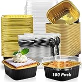 WYIPOLZI 100 Pcs Black Square Aluminum Foil Baking Cups with Lids and Sporks, 5oz Disposable Cupcake Liners, Mini Cake Pans for Party Wedding Birthday