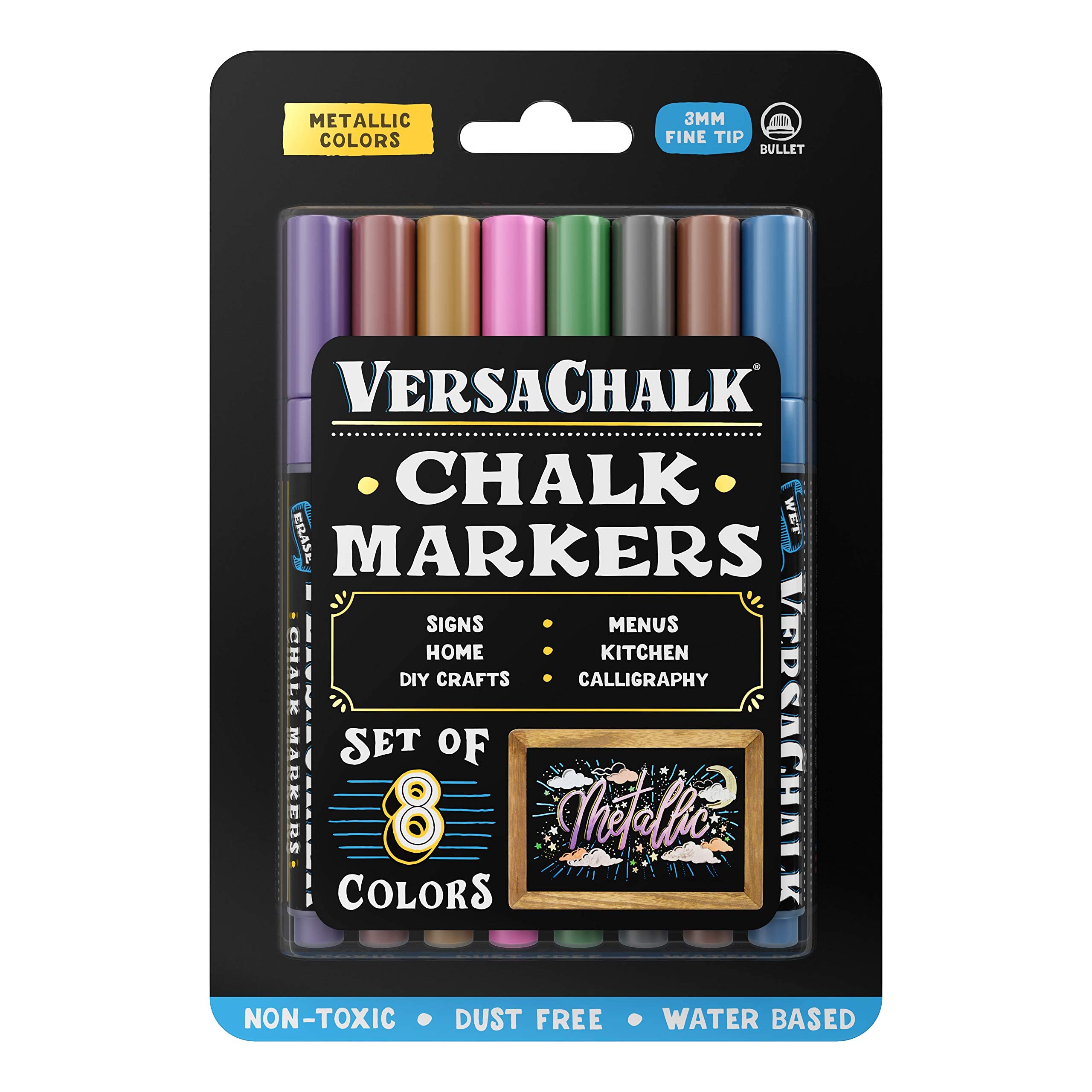 VersaChalk Metallic Liquid Chalk Markers for Blackboards (8 Pack, 3mm, Fine Tip) - Erasable Washable Chalk Pens for Chalkboard Signs, Windows, Glass, Events, Business and more