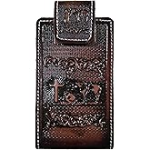 Western autentic Tooled Leather Mexican Cell Phone case for Belt. Men and Horse Pray Design. with Magnetic Closure. Universal Size (Brown)