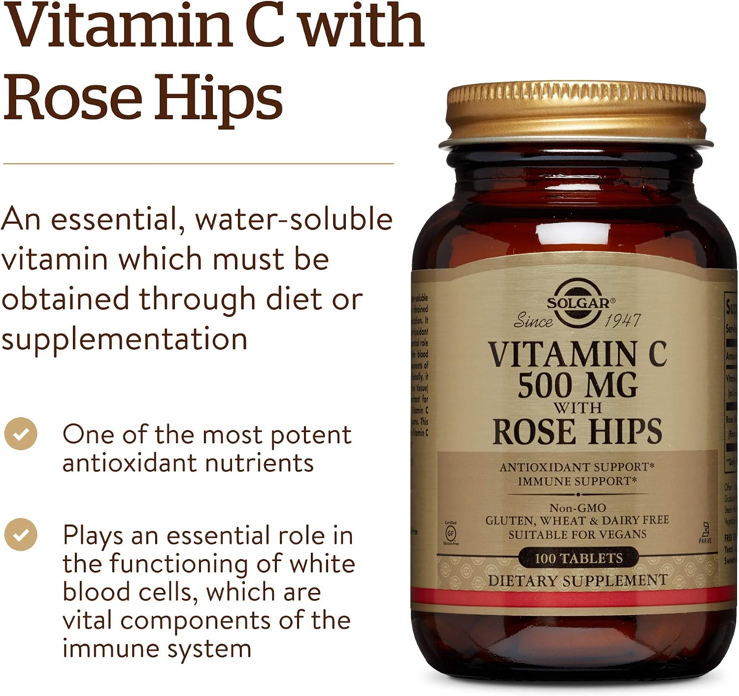Solgar Vitamin C 500 mg with Rose Hips Tablets, Pack of 100, Healthy Immune System and Energy Levels, Antioxidant - Image 4