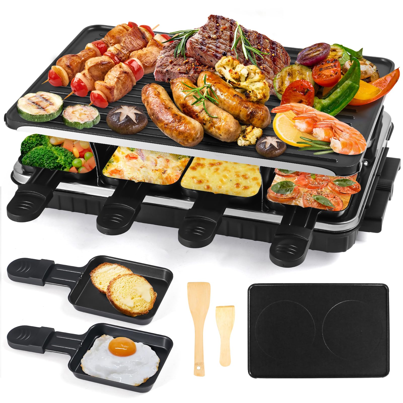 Raclette Grill for 4 6 8 People Party 1500W- Raclette Machine with 8 Mini Non-Stick Pan, Electric Barbecue Grill Health Large Indoor in Non-Stick Grilling Surface