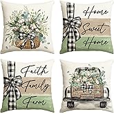 AVOIN colorlife Home Sweet Home Farmhouse Eucalyptus Leaves Throw Pillow Covers, 16 x 16 Inch Truck Stripes Buffalo Plaid Cushion Case Decorations Set of 4